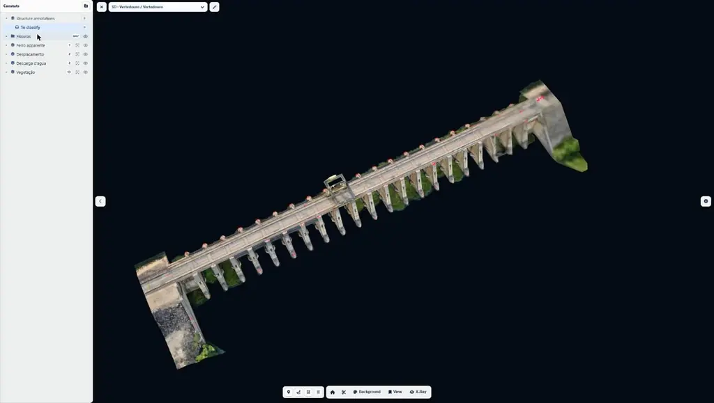 Módulo de diagnóstico de estrutura: modelo 3D do vertedouro de uma usina hidrelétrica e as suas 647 fissuras levantadas