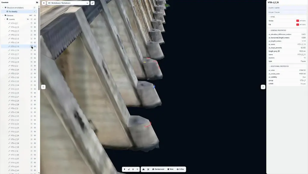 A ficha de uma fissura no modelo 3D: comprimento real e projetado, desnível, inclinação