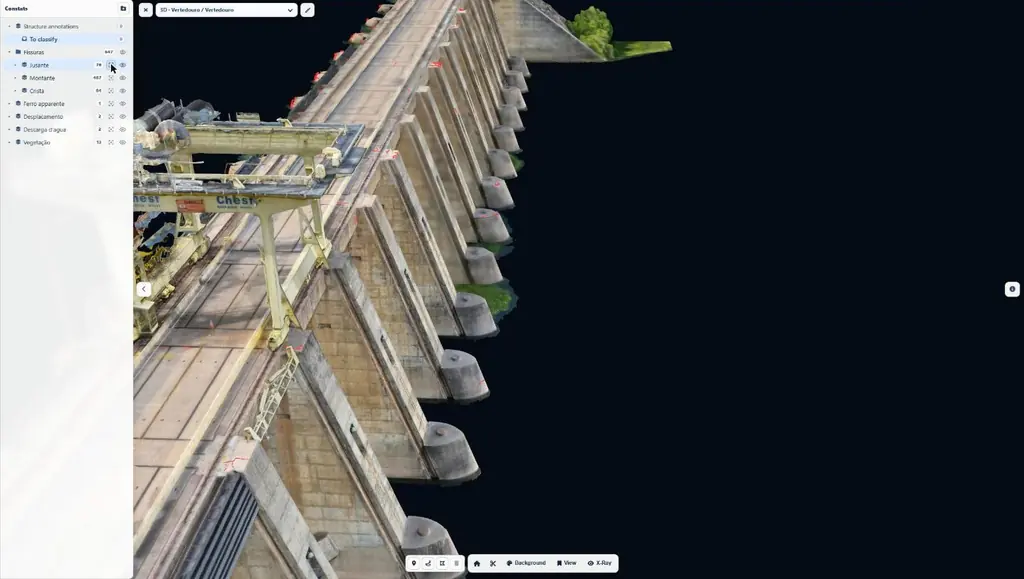 Fissuras traçadas no modelo 3D de um vertedouro, Sentinel Cloud