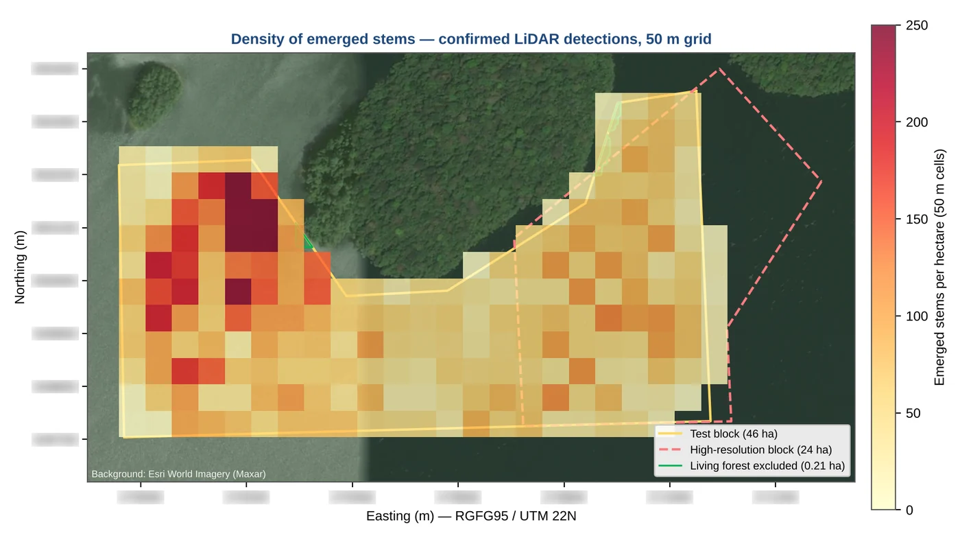 Densidade de troncos por hectare numa grade de 50 m: de 4 a 300 por hectare