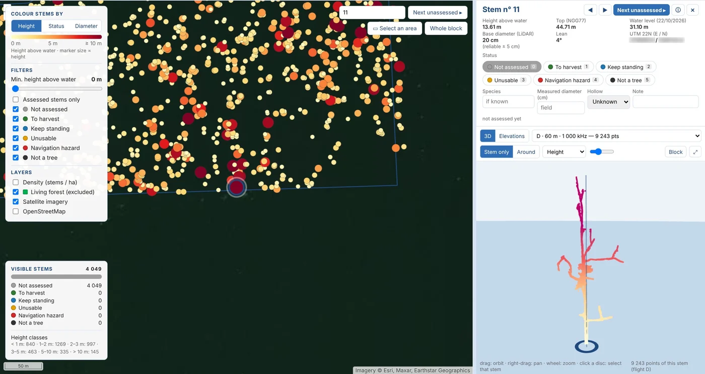 A página web entregue: mapa, ficha do tronco selecionado, vista 3D